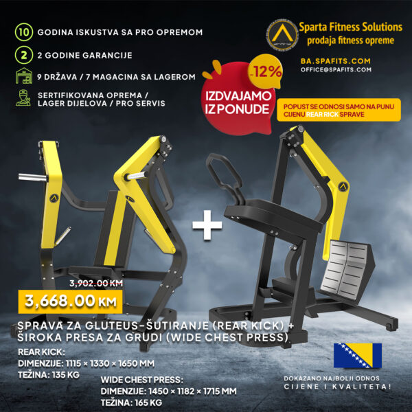 Sprava za gluteus-šutiranje (Rear Kick) + Široka presa za grudi (Wide Chest Press)